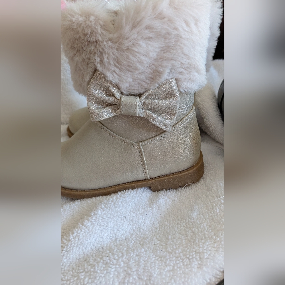 Rachel Shoes Girls Glitter Bow Faux Fur Cuff Boots - Champagne Beige
